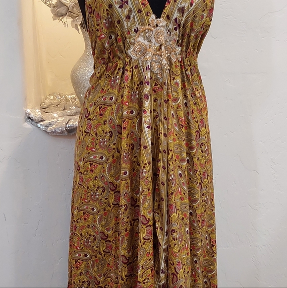 BOHEMIAN GODDESS Silk Gold, Green, Wine & Ivory Floral Maxi Dress - Picture 9 of 11